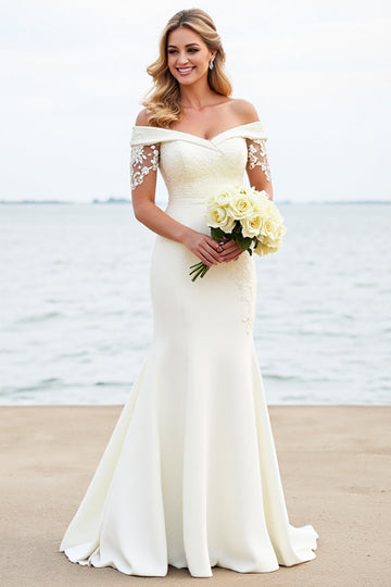 White Mermaid Off The Shoulder Satin Long Bridal Dress With Lace